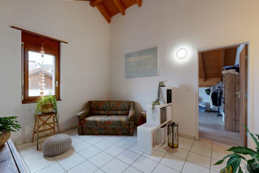 salon avec plafond voûté, vaulted ceiling, plafond haut, high ceiling, et plafond à poutres
