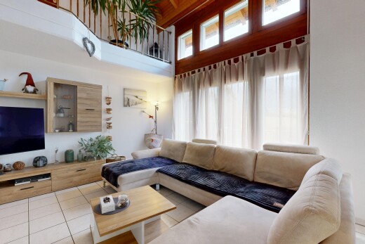 salon avec télévision, high ceiling, plafond haut, inside property, et natural light