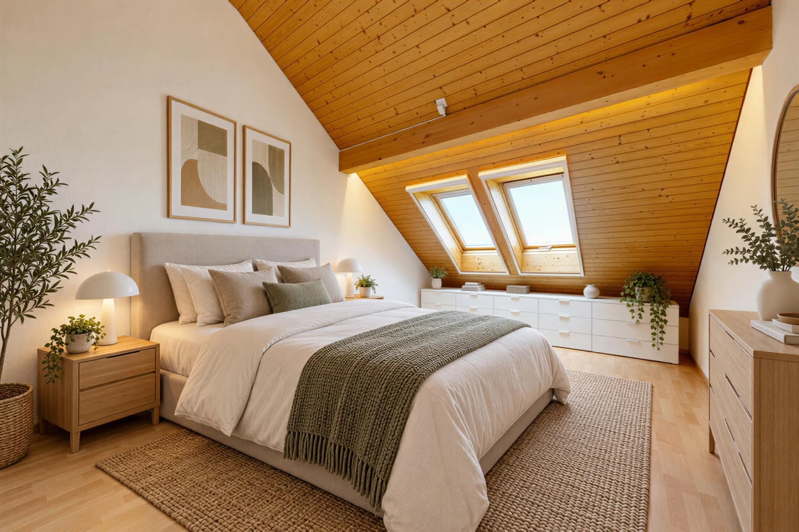 zimmer / schlafzimmer mit holzdecke, wood ceiling, high end ceiling, dachschräge, und vaulted ceiling