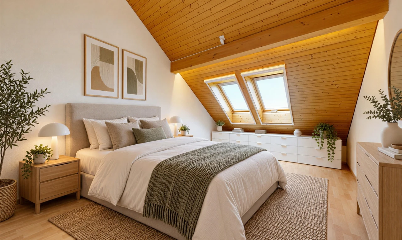 zimmer / schlafzimmer mit holzdecke, wood ceiling, high end ceiling, dachschräge, und vaulted ceiling