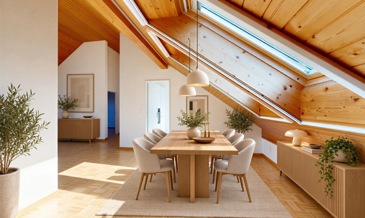 esszimmer mit high end ceiling, holzdecke, wood ceiling, dachfenster, und gipskartonwand