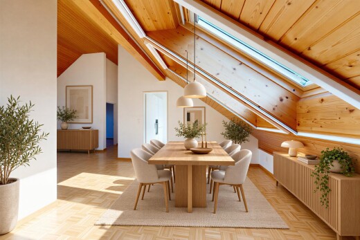 dining space featuring wood ceiling, parquet floors, and vaulted ceiling with skylight