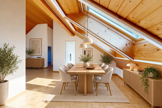 esszimmer mit high end ceiling, holzdecke, wood ceiling, dachfenster, und gipskartonwand