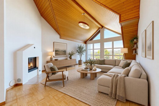 living area featuring parquet floors, a glass covered fireplace, and a vaulted wood ceiling