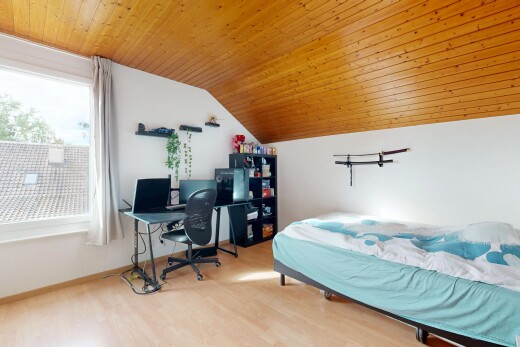 room / bedroom featuring a vaulted wood ceiling, light wood finished floors, and an office area