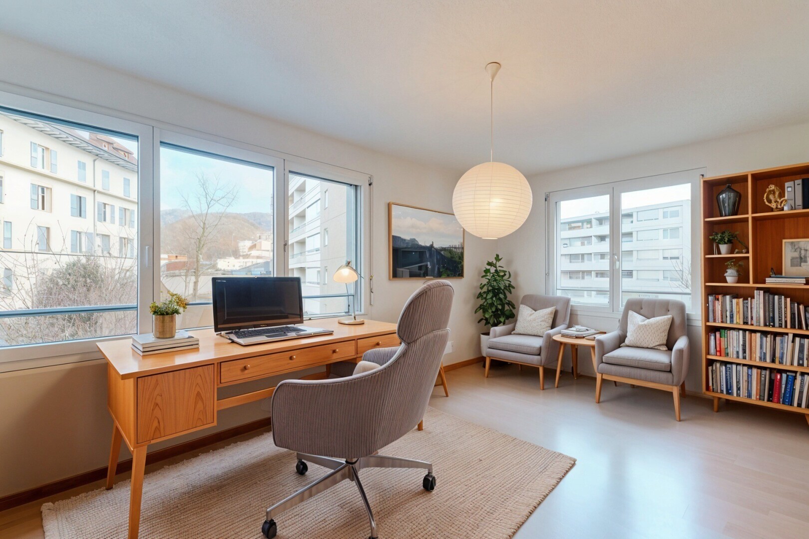 bureau avec télévision, inside property, lumière naturelle, natural light, et virtually staged