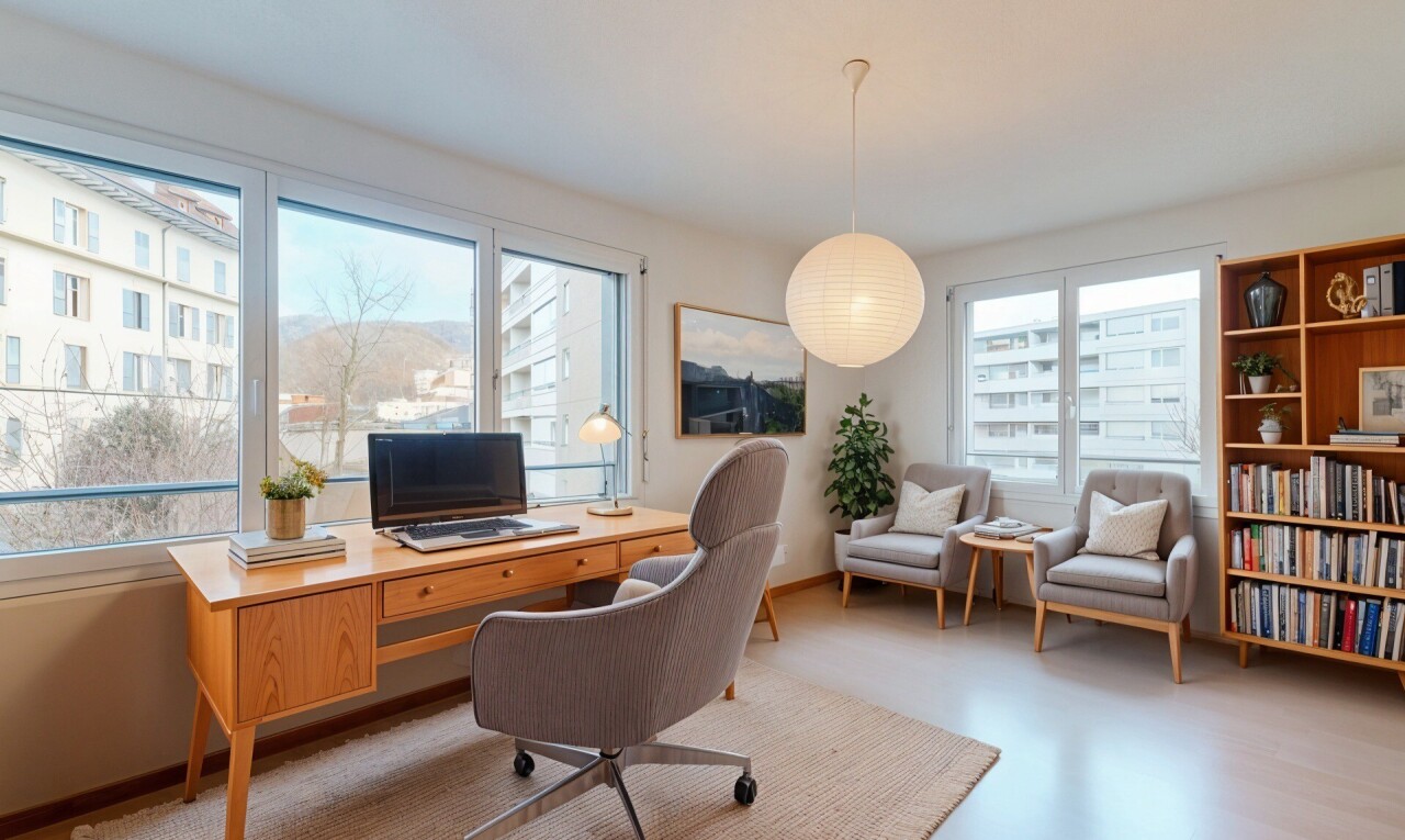 bureau avec télévision, inside property, lumière naturelle, natural light, et virtually staged