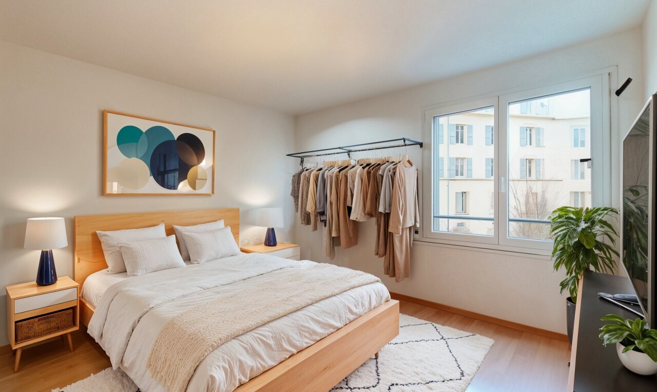 chambre avec inside property, télévision, natural light, lumière naturelle, et drywall