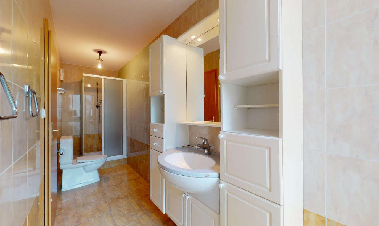 salle de bains avec mur carrelé, miroir, meuble-lavabo, et douche