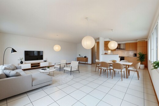salon / salle à manger avec télévision, cloison sèche, drywall, inside property, et lumière naturelle