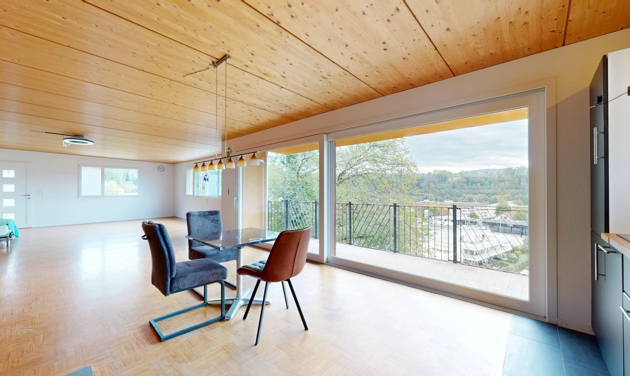 dining space with access to outside, wooden ceiling, and parquet flooring