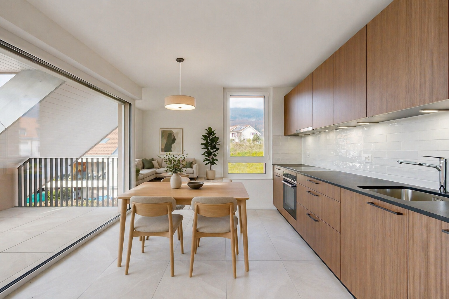 cuisine avec dark countertops, pendant lighting, éclairage suspendu, light floor, et évier