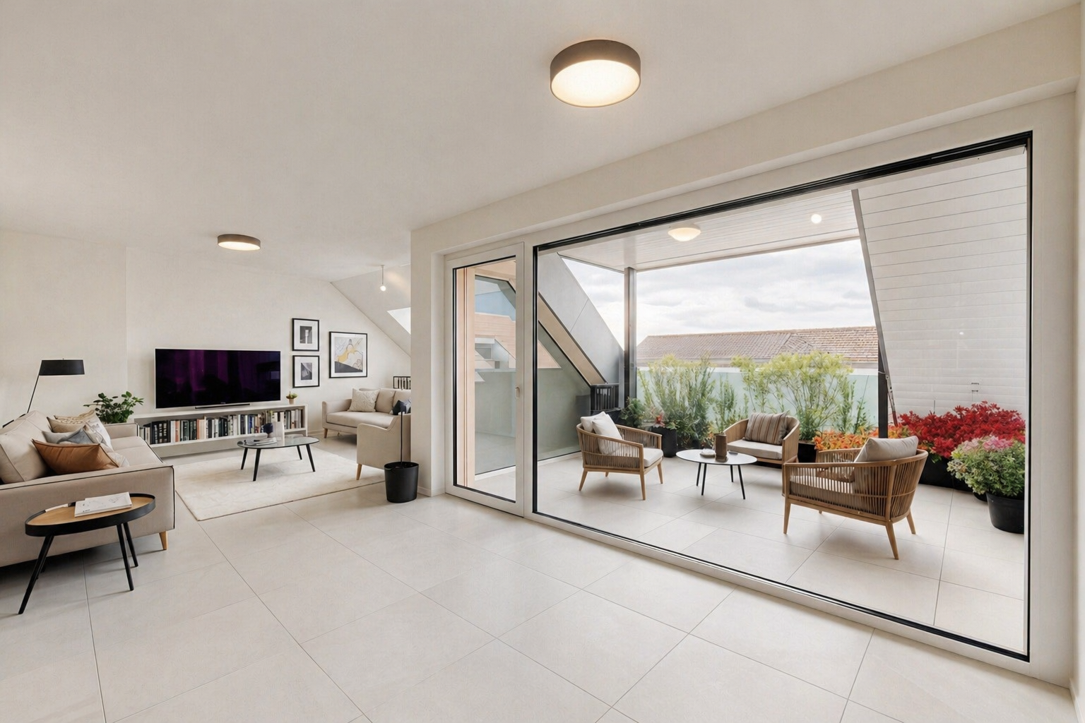 salon avec natural light, lumière naturelle, drywall, cloison sèche, et télévision