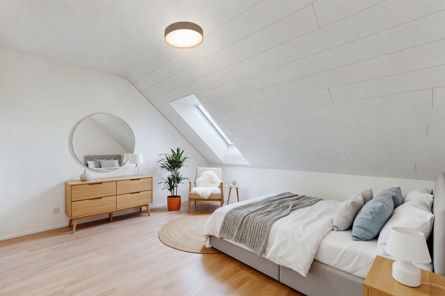 chambre avec sol en finition bois, wood finish floor, virtually staged, plafond voûté, et vaulted ceiling