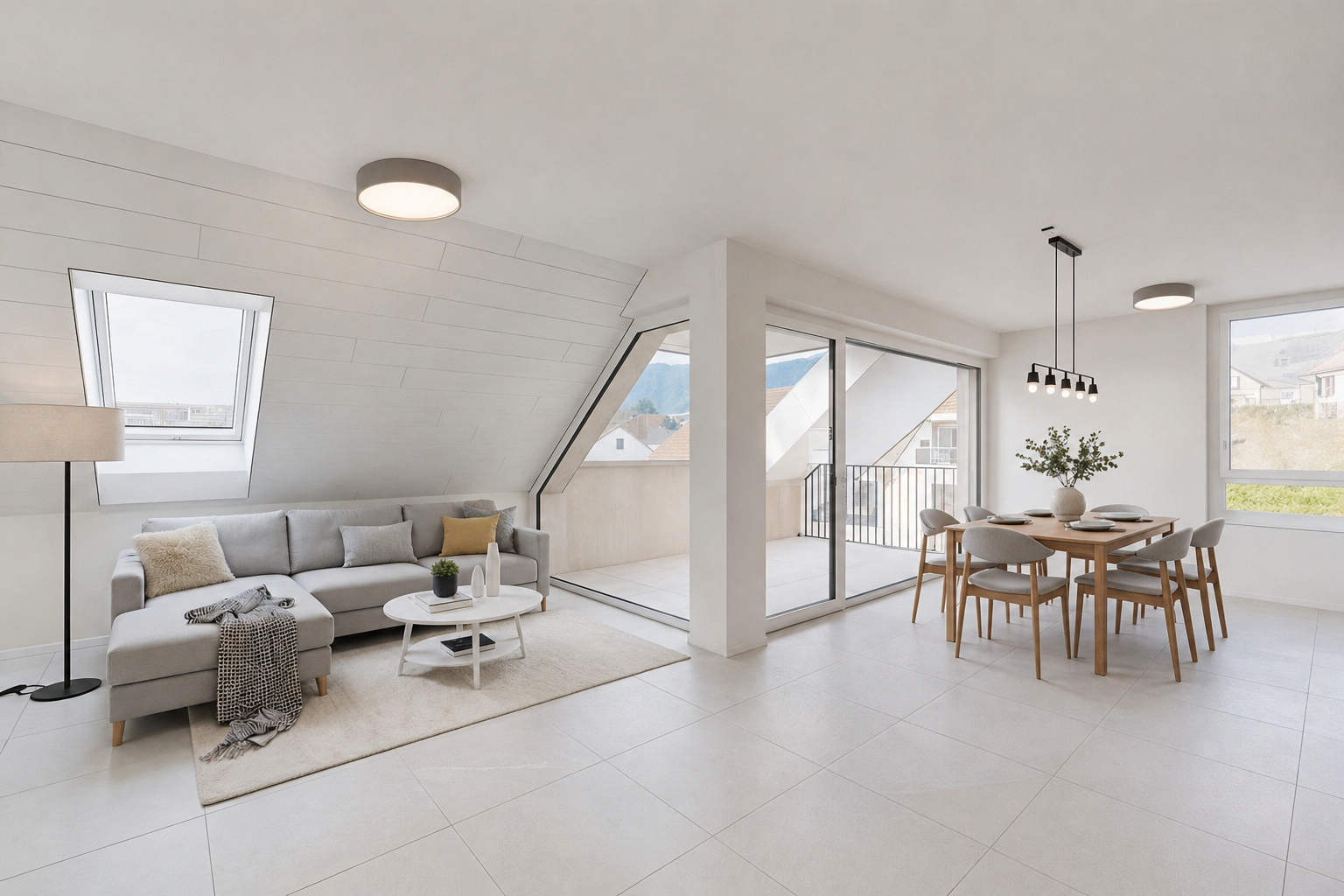 salon / salle à manger avec inside property, natural light, lumière naturelle, virtually staged, et drywall