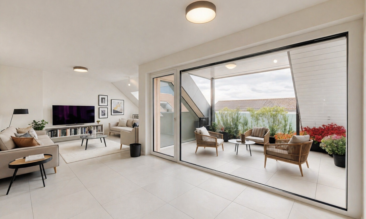 salon avec natural light, lumière naturelle, drywall, cloison sèche, et télévision