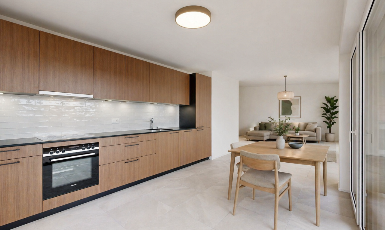 cuisine avec dark countertops, four, pendant lighting, éclairage suspendu, et light floor