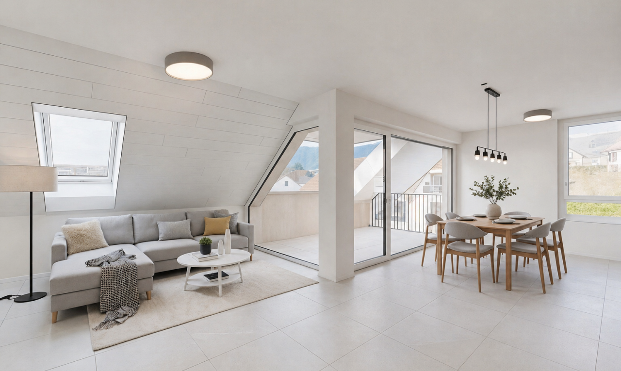 salon / salle à manger avec inside property, natural light, lumière naturelle, virtually staged, et drywall