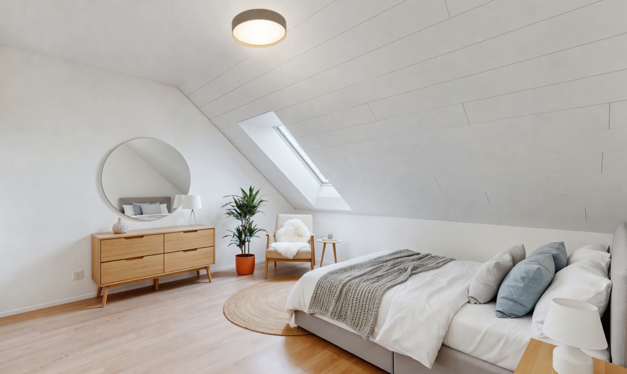 chambre avec sol en finition bois, wood finish floor, virtually staged, plafond voûté, et vaulted ceiling