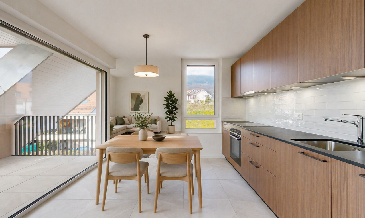 cuisine avec dark countertops, pendant lighting, éclairage suspendu, light floor, et évier