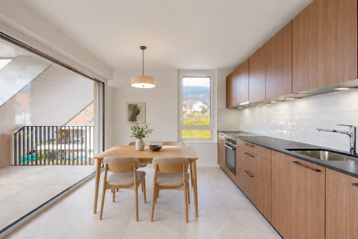 küche mit dark countertops, arbeitsplatten, medium brown cabinets, mittelbraune schränke, und waschbecken