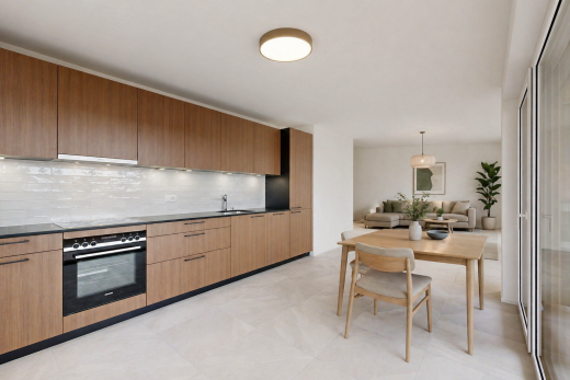 cuisine avec dark countertops, four, pendant lighting, éclairage suspendu, et light floor