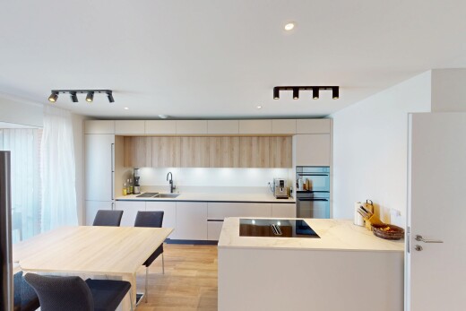 küche mit deckenbeleuchtung, track lighting, schränke mit flachen paneelen, doppel backofen, und inside property