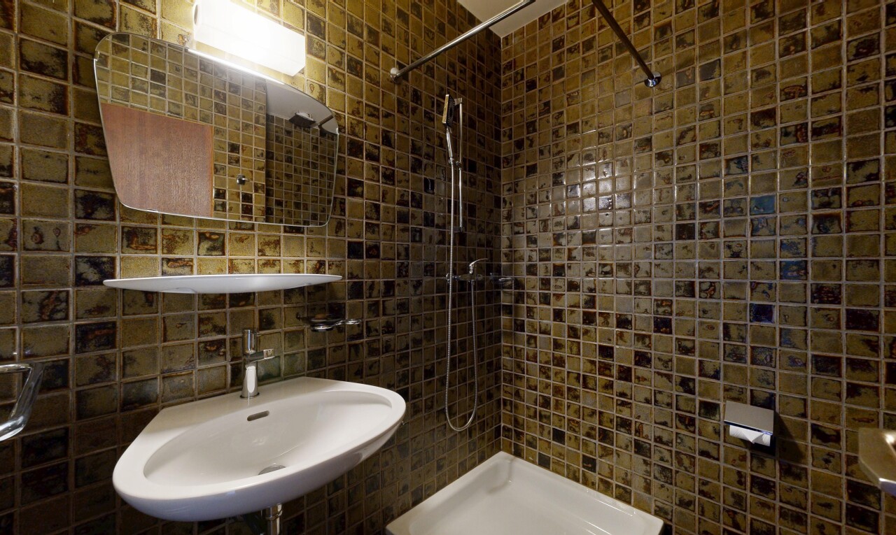 salle de bains avec douche, salle de bain complète, évier, inside property, et miroir