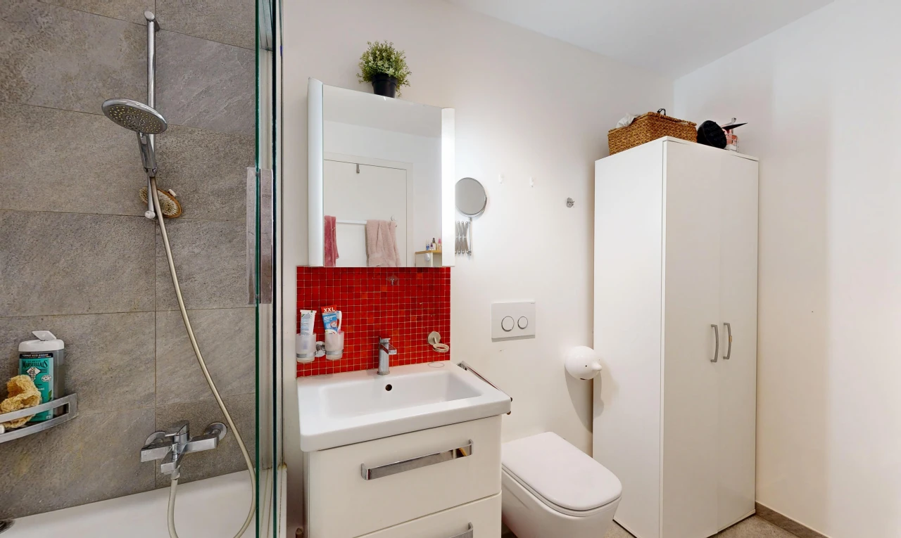 bathroom featuring shower / bath combination, vanity, and tasteful backsplash