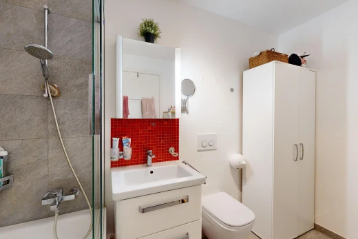 bathroom featuring shower / bath combination, vanity, and tasteful backsplash