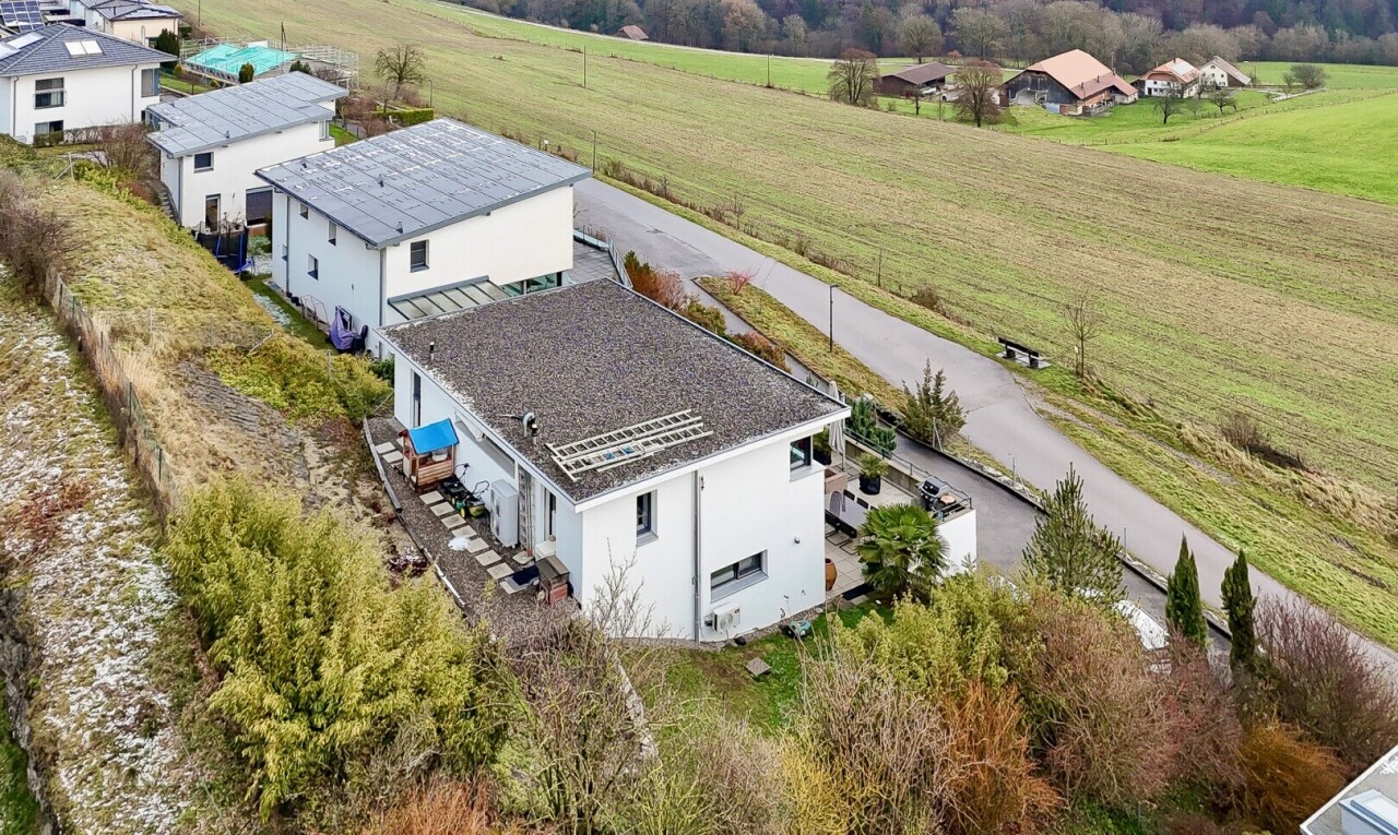 außenansicht mit terrasse, ländliche aussicht, rural view, stuckverkleidung, und drone view