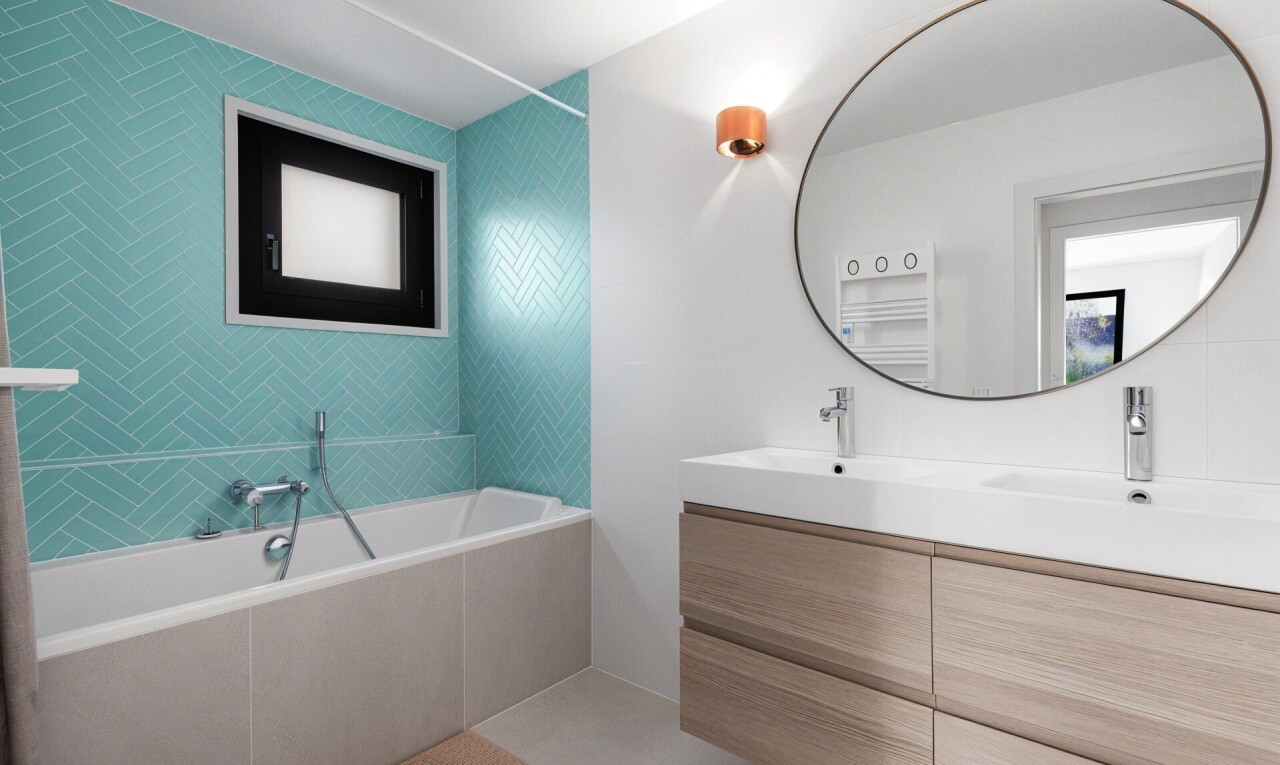 bad mit spiegel, doppelwaschtisch, komplettes badezimmer, inside property, und waschbecken