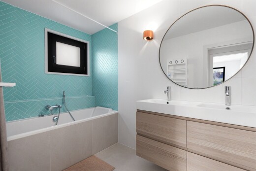 bad mit spiegel, doppelwaschtisch, komplettes badezimmer, inside property, und waschbecken