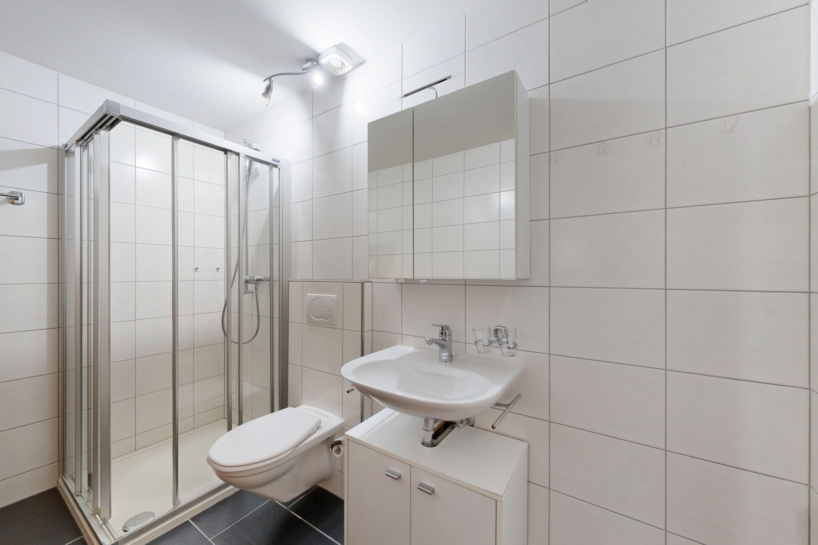 bad mit fliesenwand, tile wall, dusche, spiegel, und komplettes badezimmer
