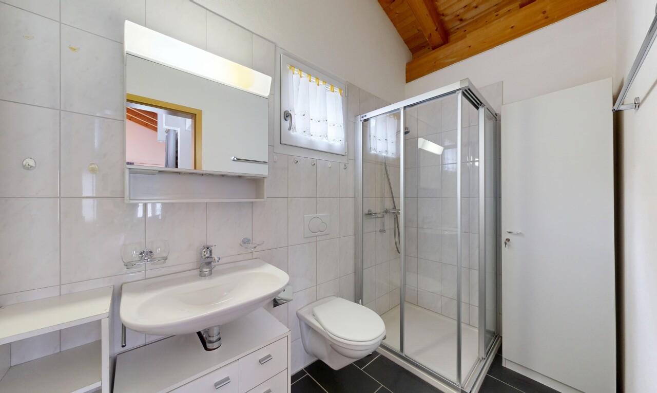 bad mit spiegel, komplettes badezimmer, dusche, dark floor, und inside property