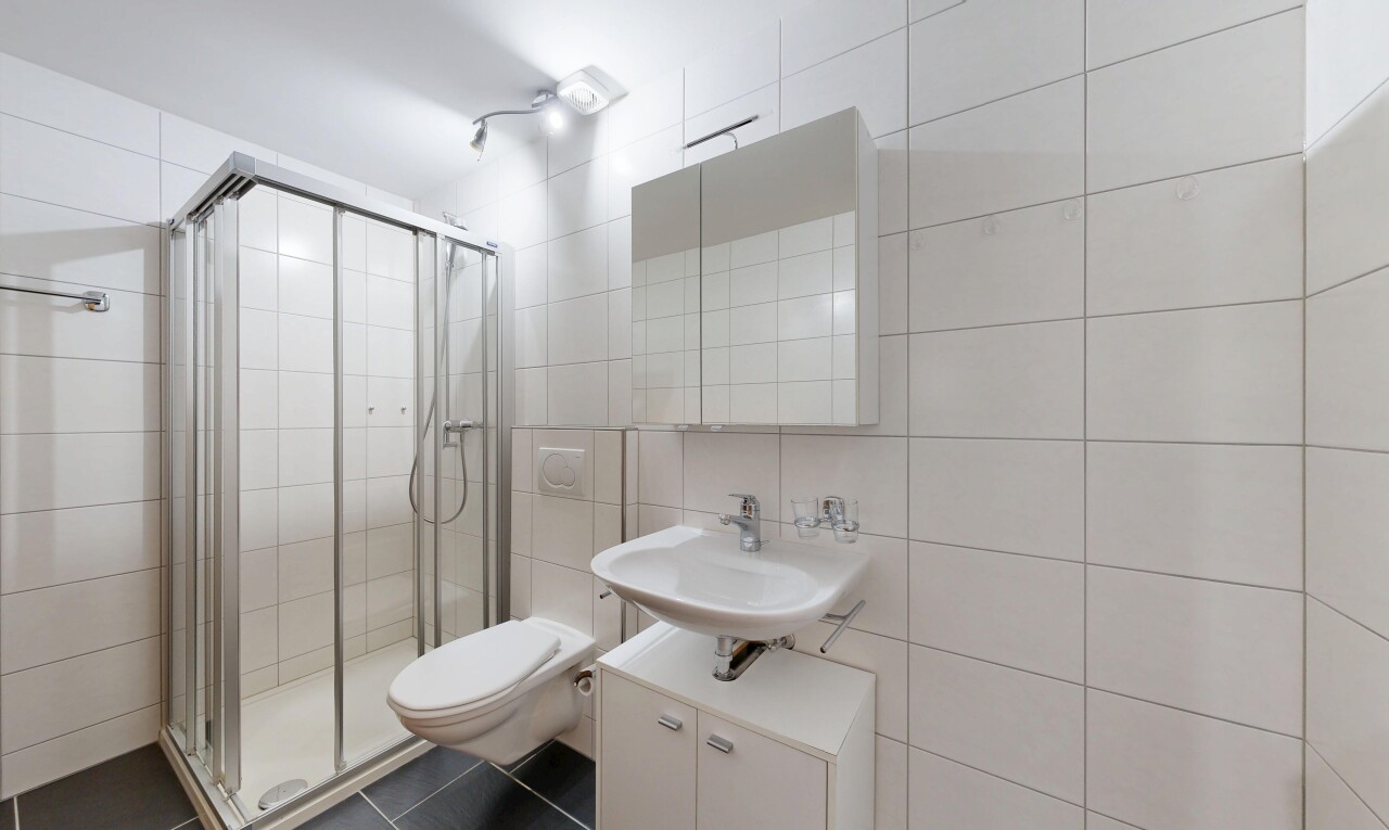 bad mit fliesenwand, tile wall, dusche, spiegel, und komplettes badezimmer