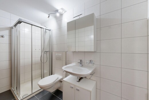 bad mit fliesenwand, tile wall, dusche, spiegel, und komplettes badezimmer