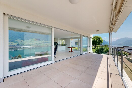 patio / terrace with a mountain view