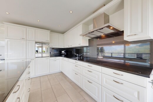 kitchen featuring white cabinets, stainless steel oven, decorative backsplash, light tile patterned floors, and recessed lighting