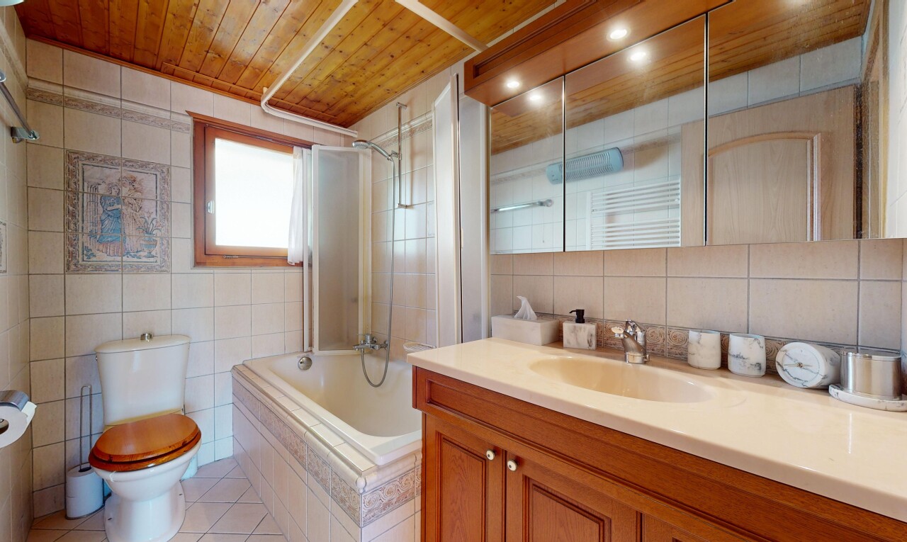 bad mit tile wall, fliesenwand, kombiniertes bad / dusche, natural light, und natürliches licht