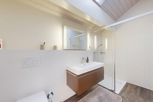 bad mit spiegel, komplettes badezimmer, dusche, dachschräge, und vaulted ceiling