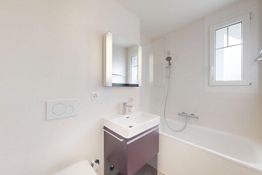 bad mit natürliches licht, natural light, kombiniertes bad / dusche, schminktisch, und spiegel