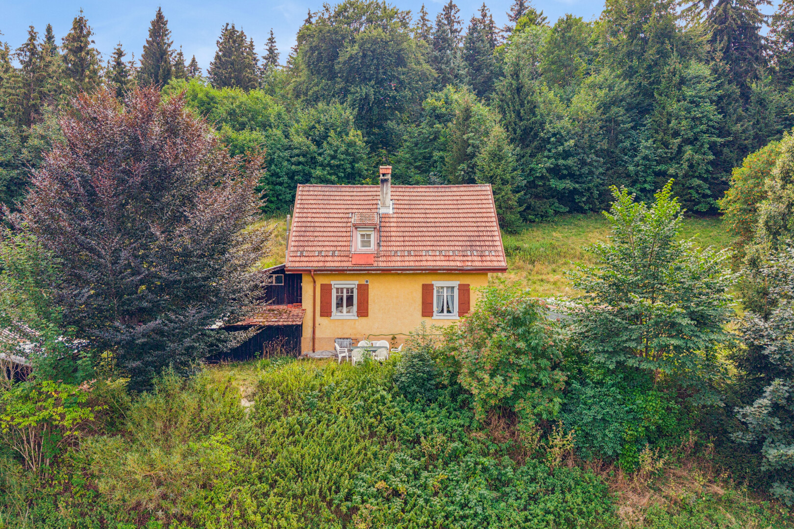 façade avec toit mansardé, property visible, toit en tuiles, vue sur la forêt, et forest view