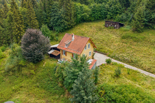 außenansicht mit property visible, waldblick, forest view, schornstein, und ziegeldach