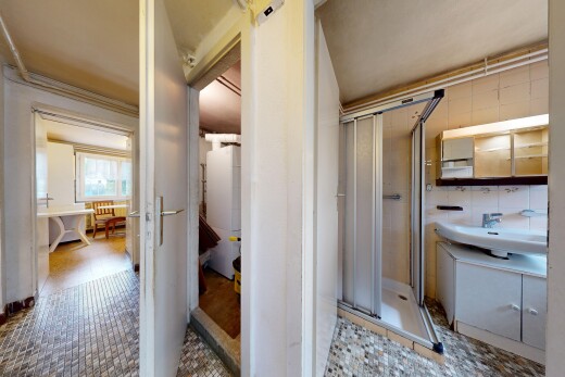 salle de bains avec salle de bain attenante, salle de bain complète, douche, miroir, et inside property