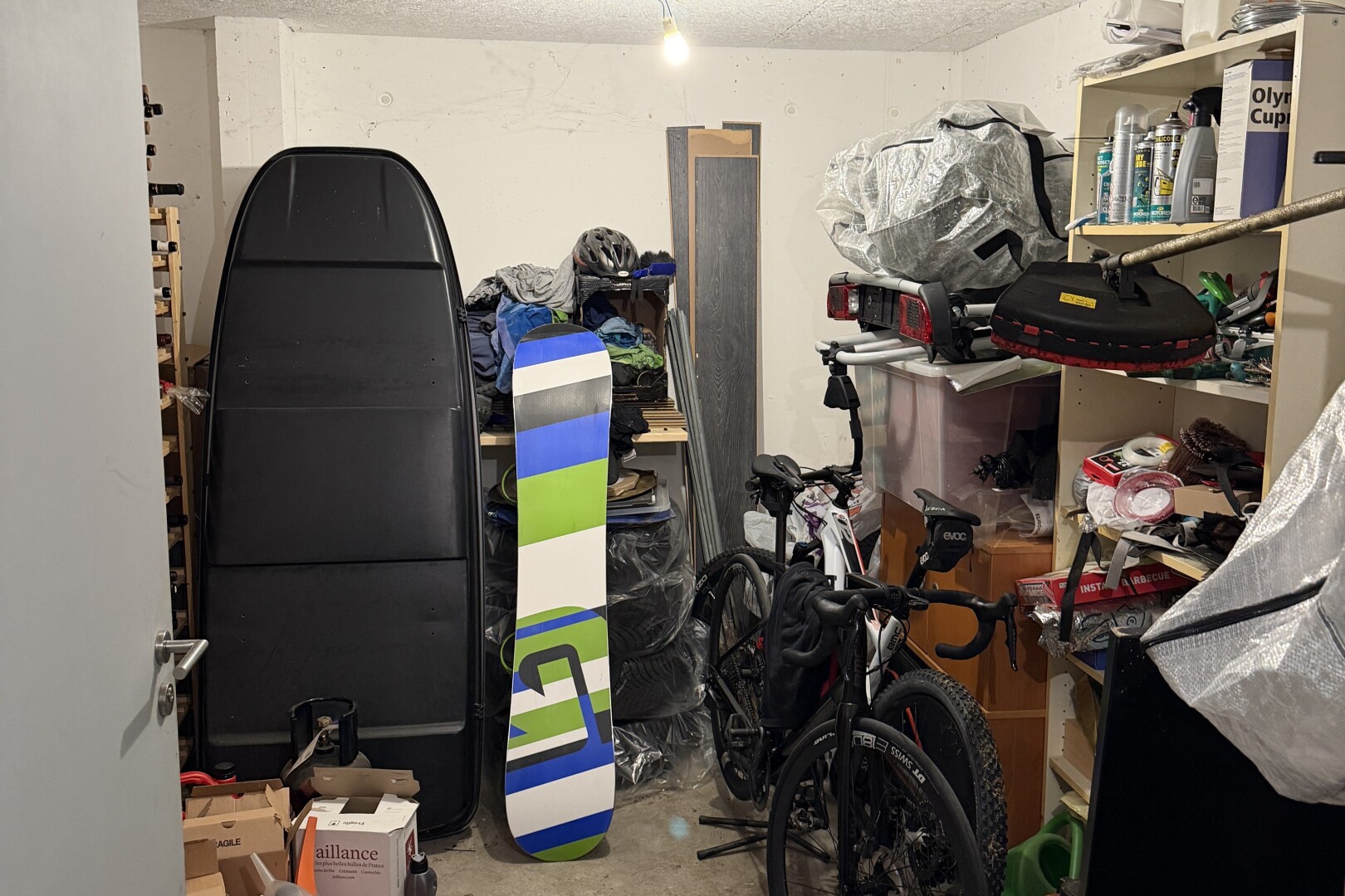 storage room featuring hanging light fixtures