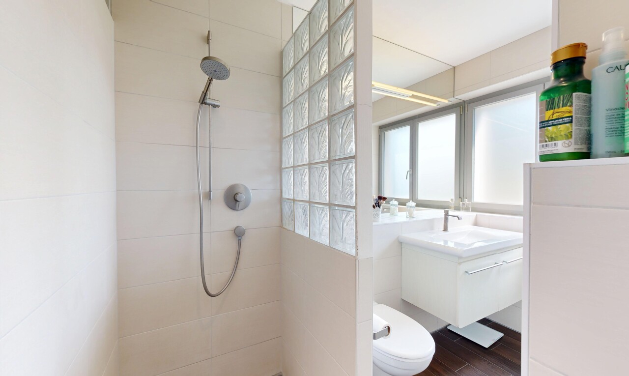 salle de bains avec miroir, douche, lavabo (ou coiffeuse selon le contexte), toilette, et salle de bain complète