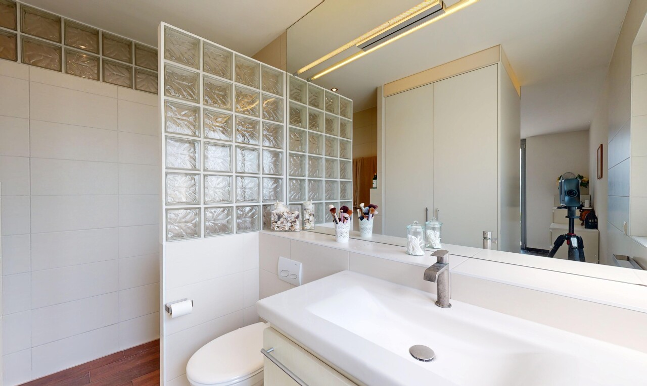 salle de bains avec toilette, lavabo (ou coiffeuse selon le contexte), évier, inside property, et mur en carrelage