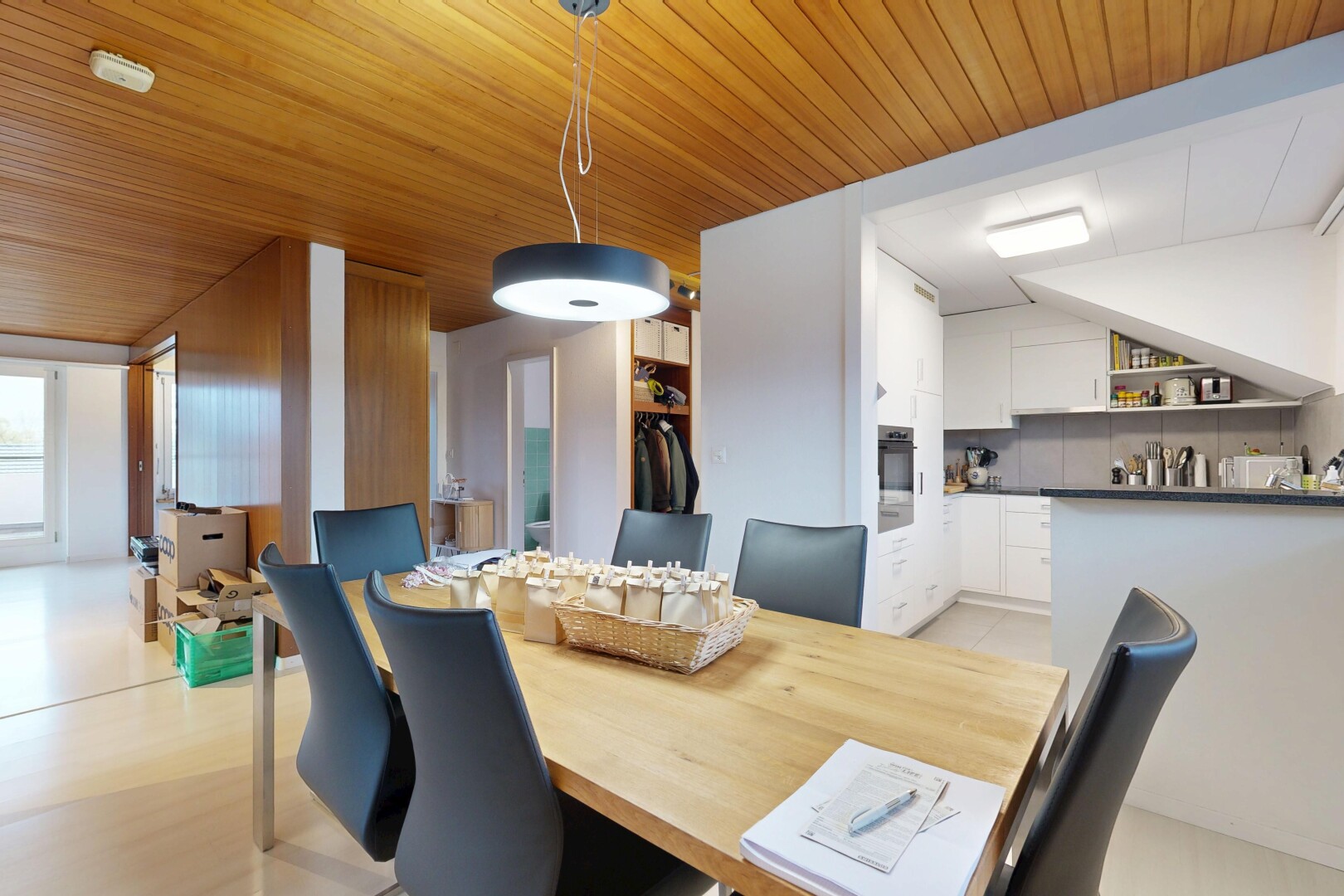 dining area with wooden ceiling