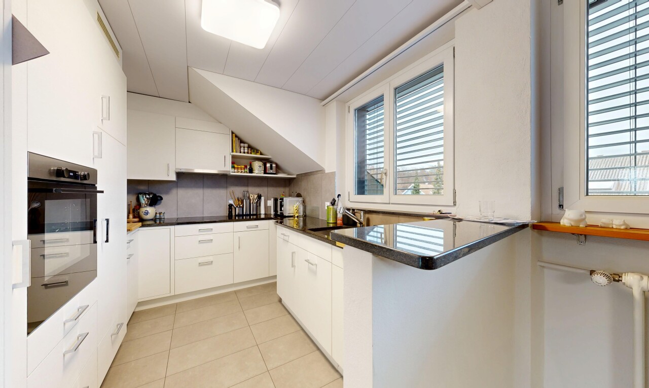 kitchen with open shelves, black oven, light tile patterned floors, white cabinetry, and modern cabinets